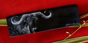 Cape Buffalo in Reverse Scrimshaw on Black Buffalo Horn (click to enlarge)