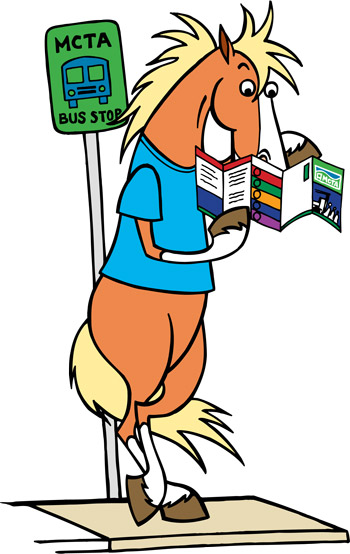 Miles the Pony at bus stop (MCTA mascot)