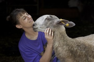 Kris with Gizzie, her Blue Face Leicester sheep