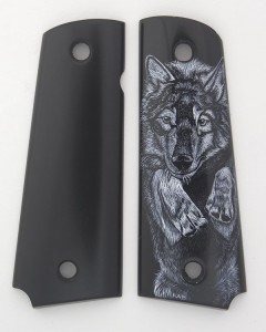 DHT Innovations 1911 grips scrimmed with my Leaping Wolf design